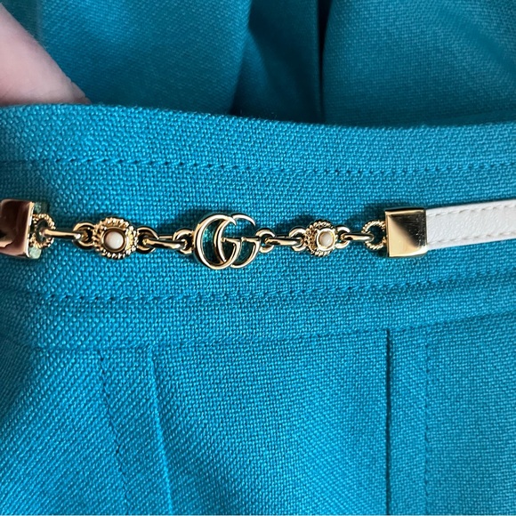 Gucci Turquoise Viscose Linen Pleated Midi Skirt with White Leather Gold GG Belt - Picture 3 of 11